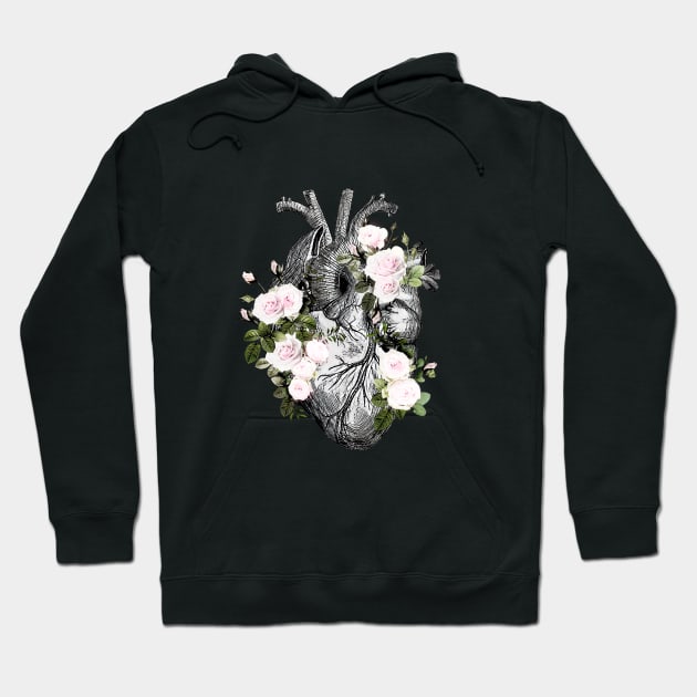 Human heart and roses, anatomy illustration art, lightpink roses and leaves Hoodie by Collagedream